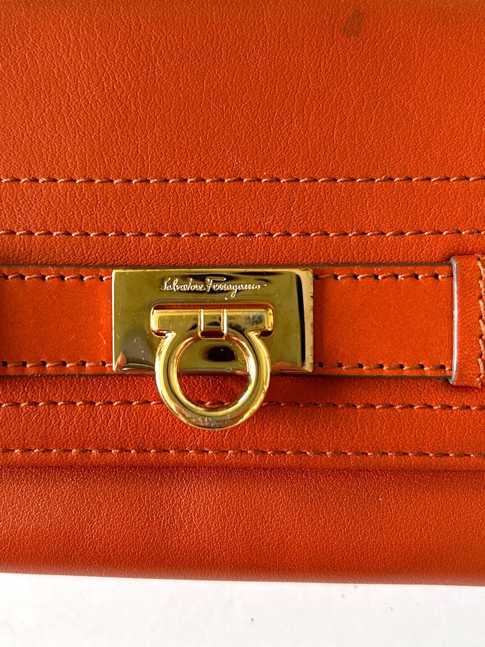 Salvatore Ferragamo Orange Leather Clasp Wallet with Gold Hardware - Picture 2 of 10